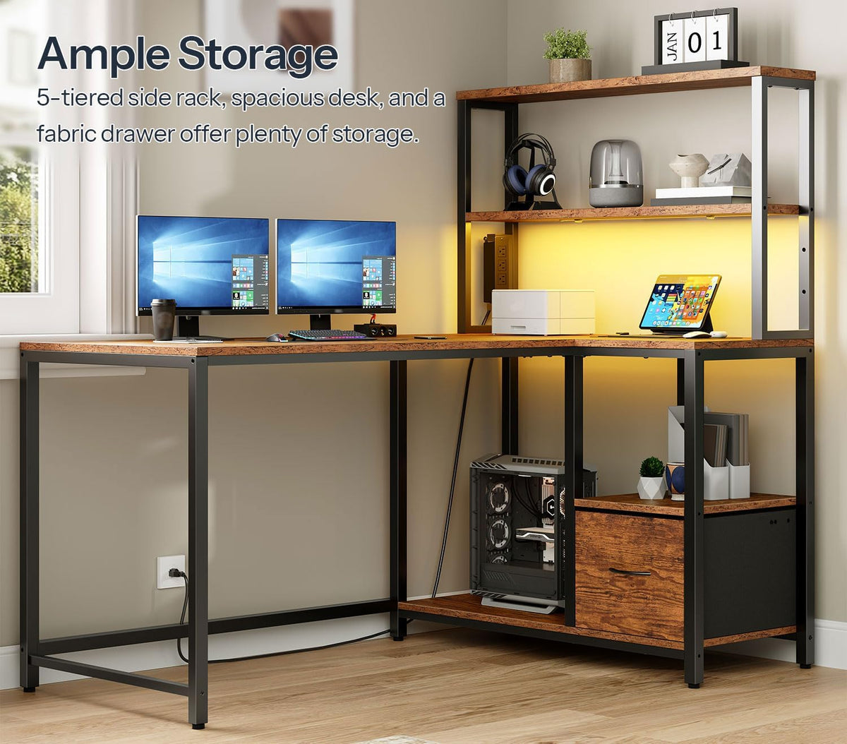 L-Shaped Reversible Computer Desk – LED Light & Storage
