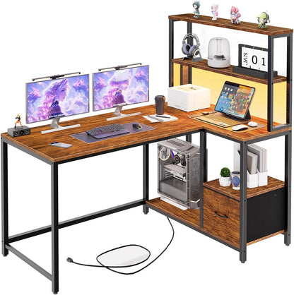 L-Shaped Reversible Computer Desk – LED Light & Storage