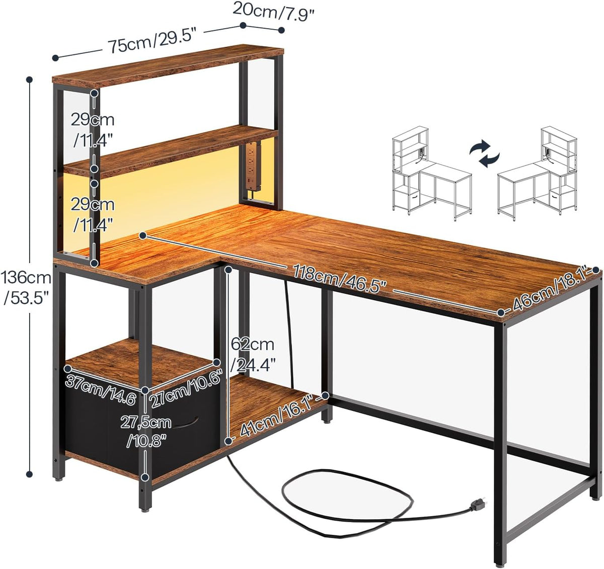 L-Shaped Reversible Computer Desk – LED Light & Storage