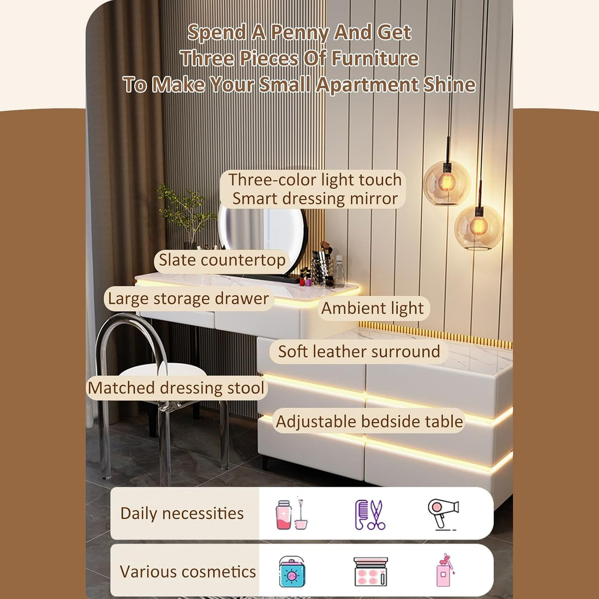 Farmhouse Makeup Vanity Desk with Lighted Mirror – Spacious Storage & Adjustable Lighting