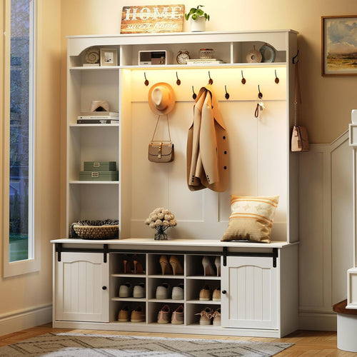 Farmhouse Entryway Hall Tree with Bench – Coat Rack & Shoe Storage