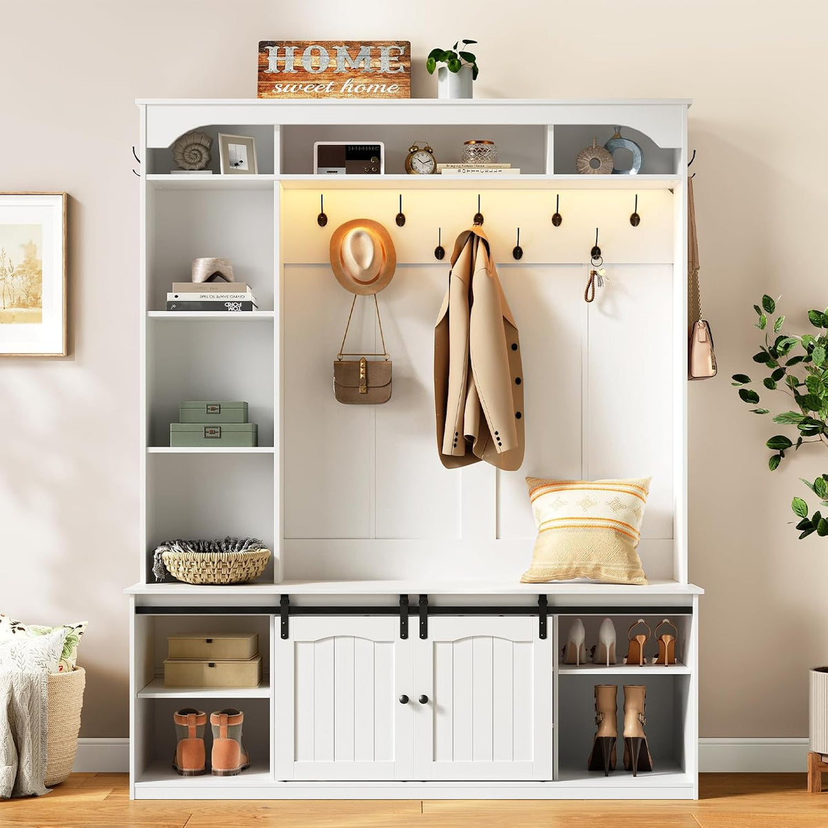 Farmhouse Entryway Hall Tree with Bench – Coat Rack & Shoe Storage