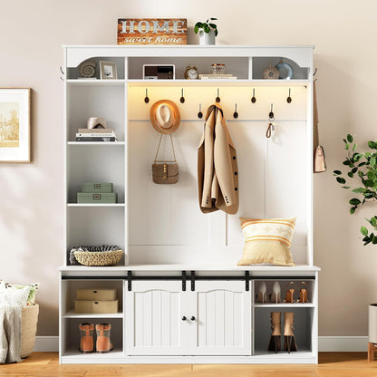 Farmhouse Entryway Hall Tree with Bench – Coat Rack & Shoe Storage