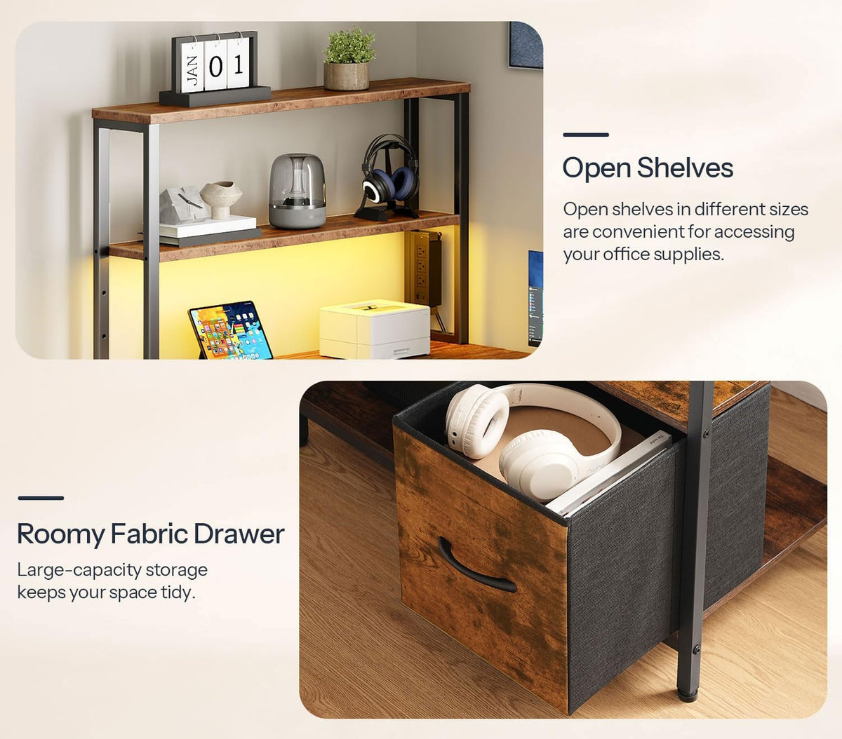 L-Shaped Reversible Computer Desk – LED Light & Storage