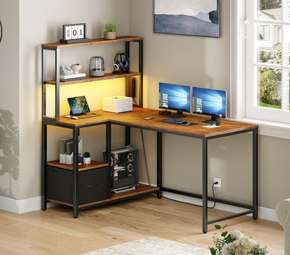 L-Shaped Reversible Computer Desk – LED Light & Storage