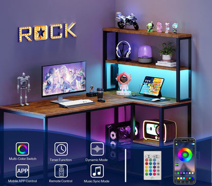 L-Shaped Reversible Computer Desk – LED Light & Storage