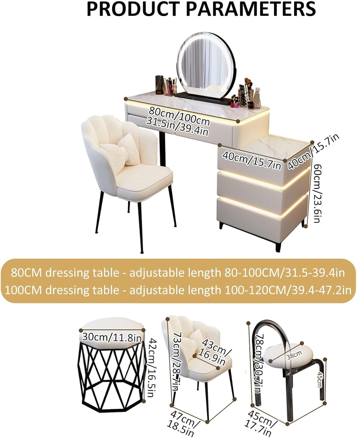 Farmhouse Makeup Vanity Desk with Lighted Mirror – Spacious Storage & Adjustable Lighting
