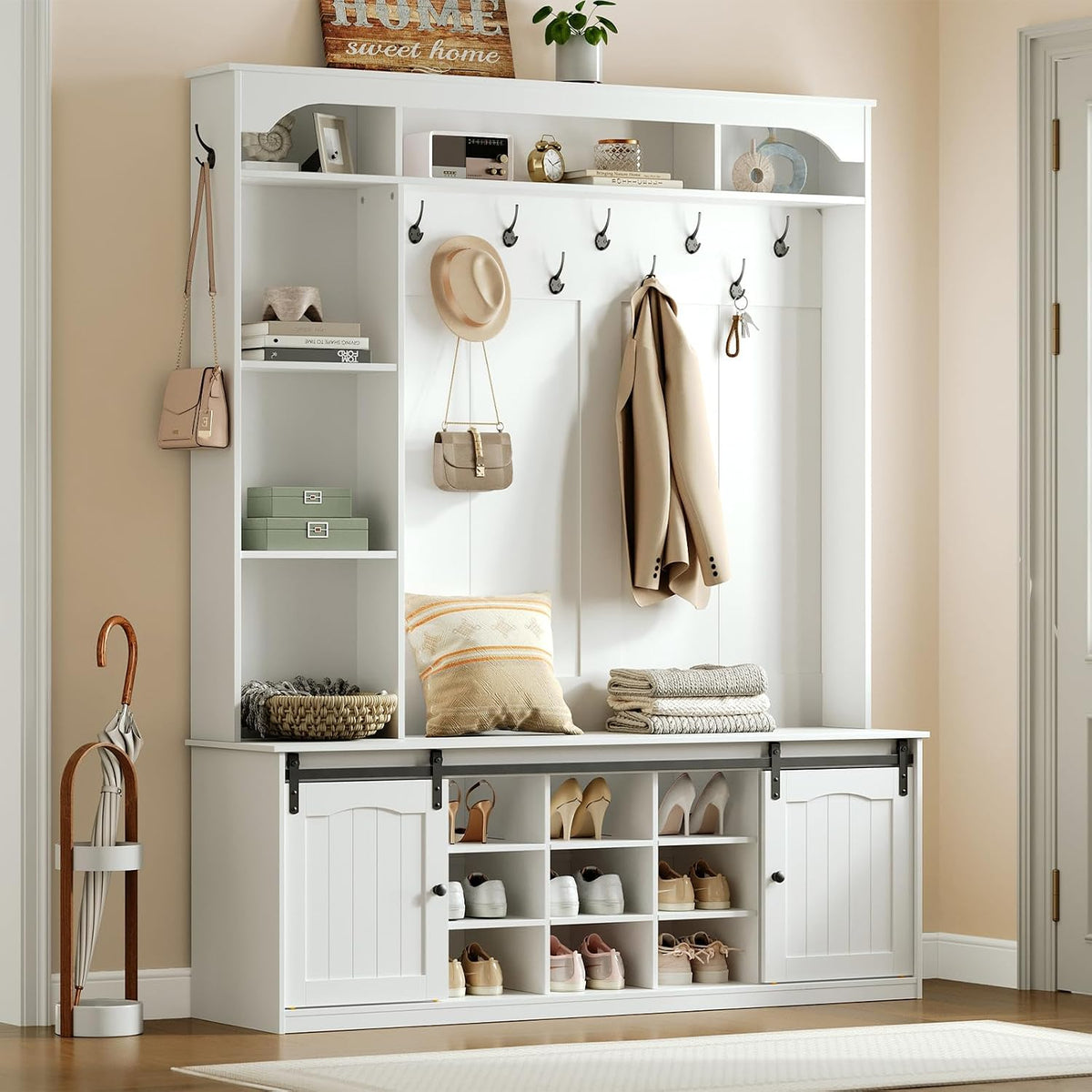 Farmhouse Entryway Hall Tree with Bench – Coat Rack & Shoe Storage