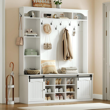 Farmhouse Entryway Hall Tree with Bench – Coat Rack & Shoe Storage