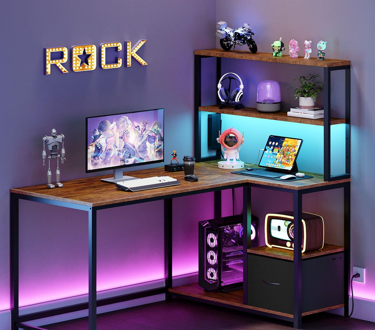 L-Shaped Reversible Computer Desk – LED Light & Storage