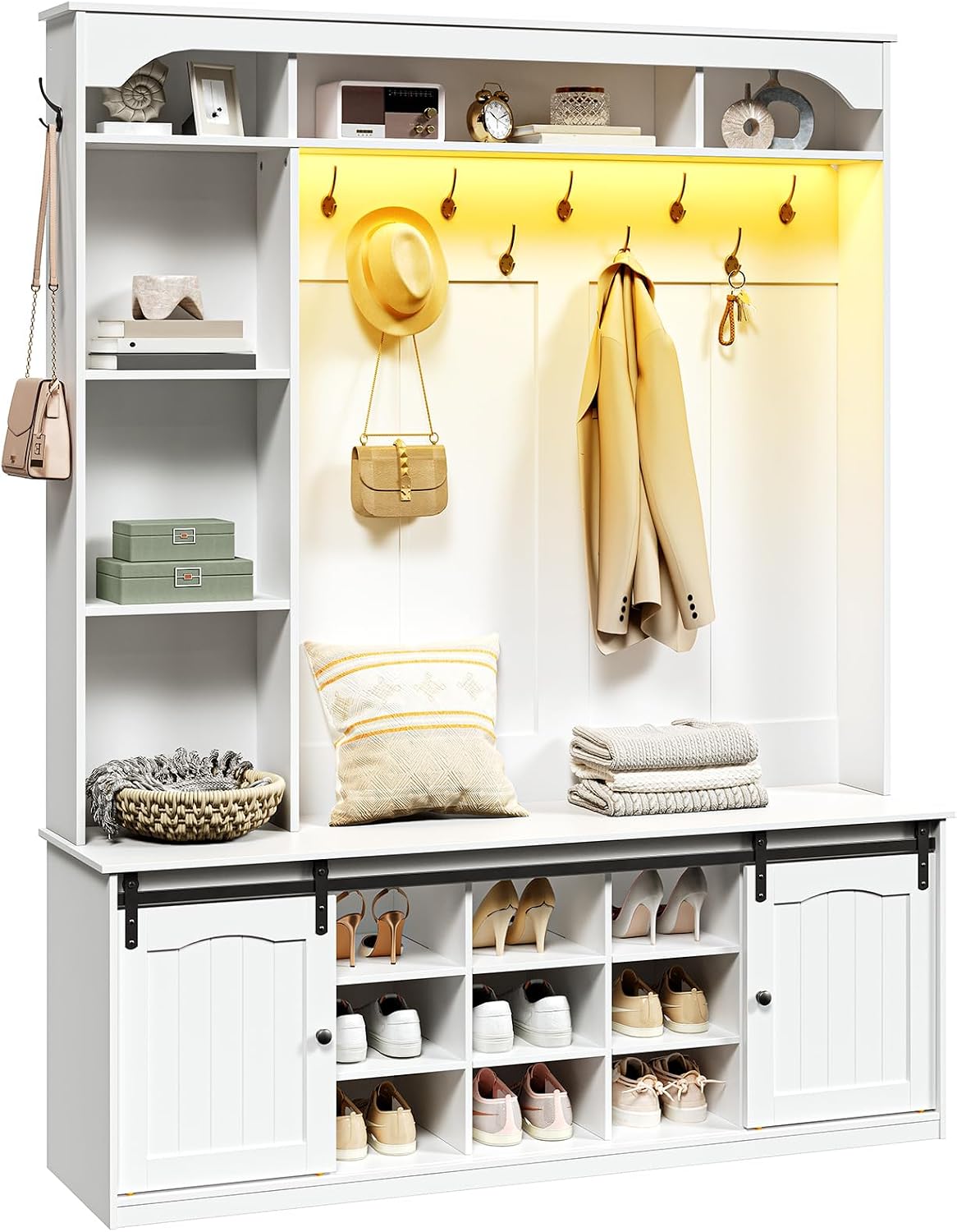 Farmhouse Entryway Hall Tree with Bench – Coat Rack & Shoe Storage