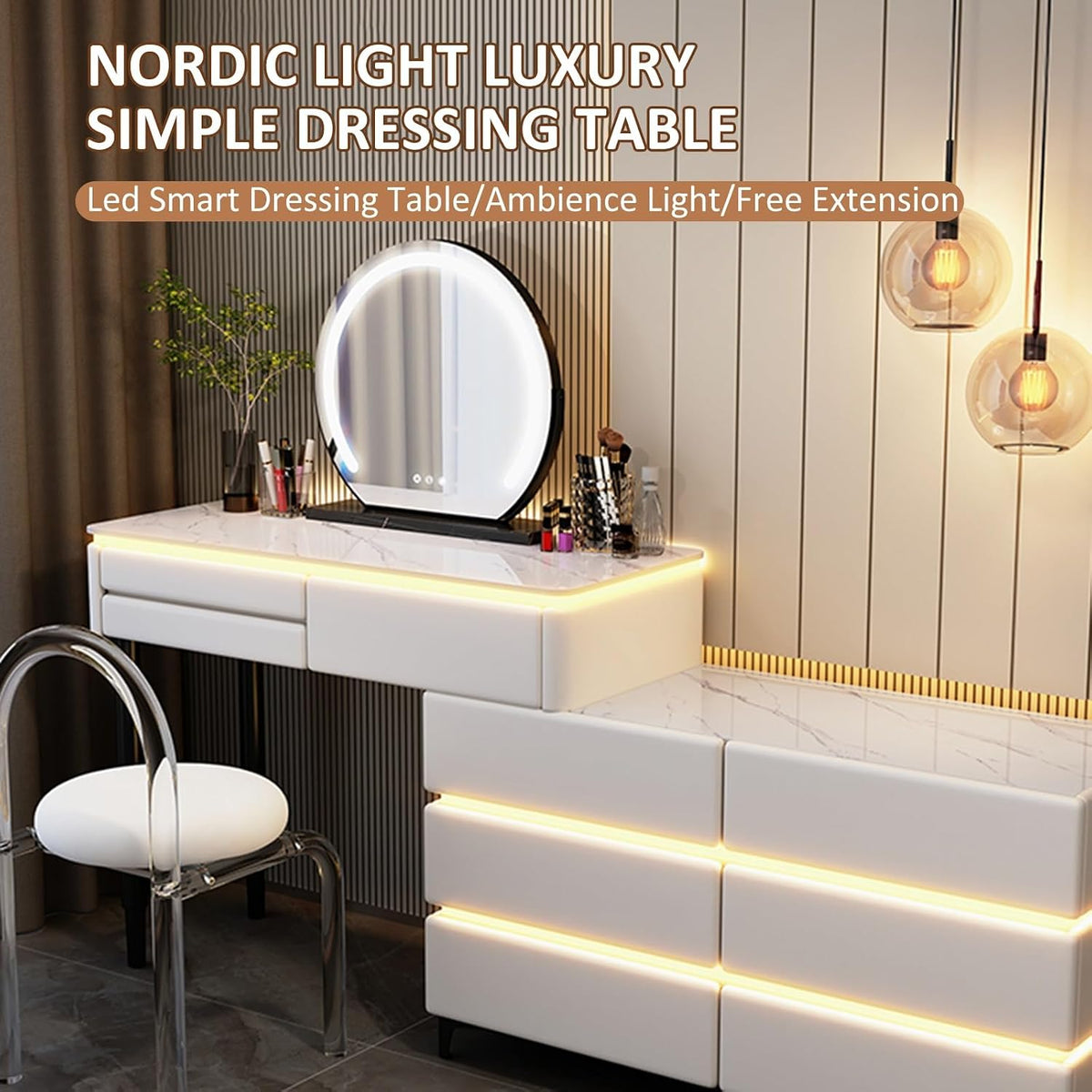Farmhouse Makeup Vanity Desk with Lighted Mirror – Spacious Storage & Adjustable Lighting