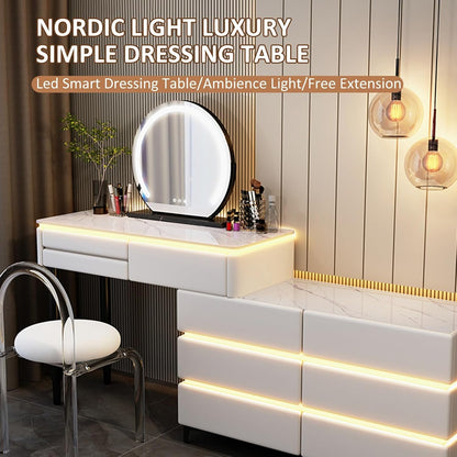 Farmhouse Makeup Vanity Desk with Lighted Mirror – Spacious Storage & Adjustable Lighting