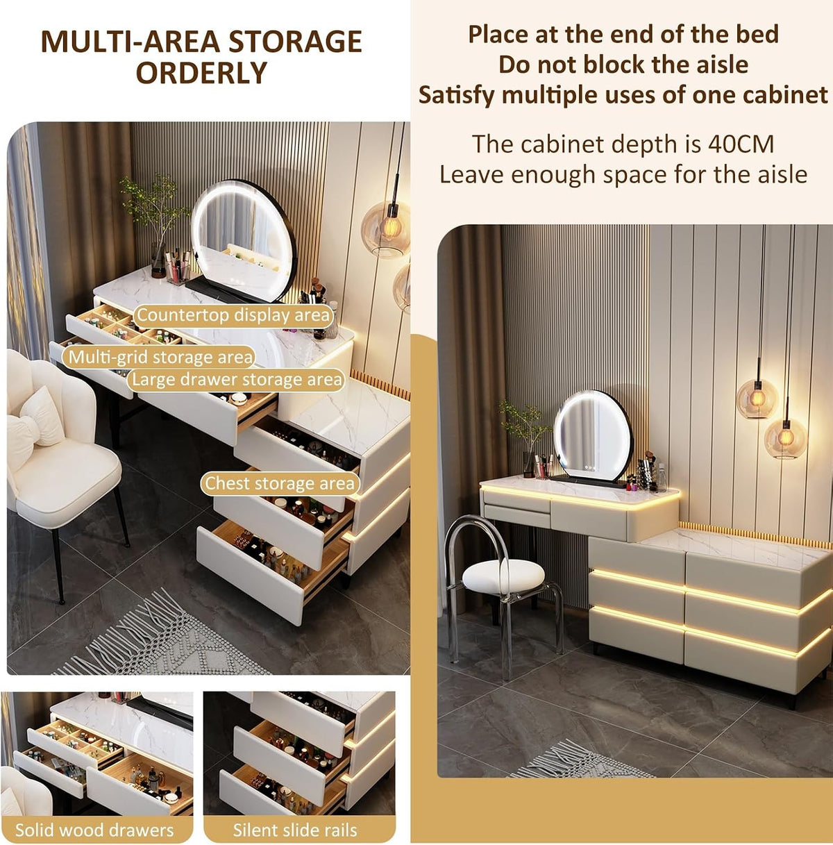Farmhouse Makeup Vanity Desk with Lighted Mirror – Spacious Storage & Adjustable Lighting