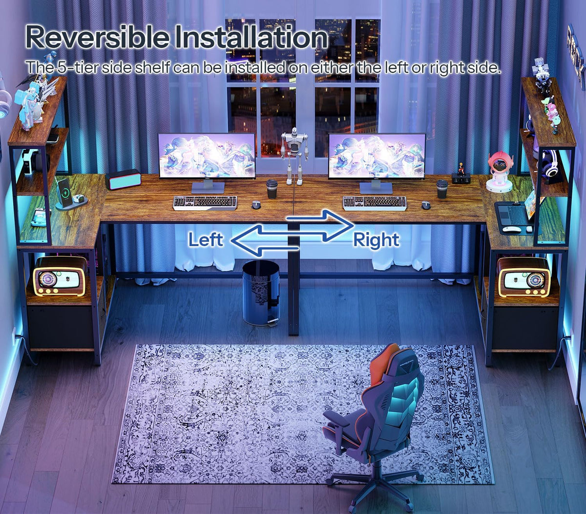 L-Shaped Reversible Computer Desk – LED Light & Storage