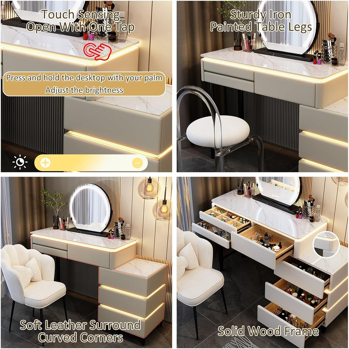 Farmhouse Makeup Vanity Desk with Lighted Mirror – Spacious Storage & Adjustable Lighting