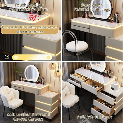 Farmhouse Makeup Vanity Desk with Lighted Mirror – Spacious Storage & Adjustable Lighting