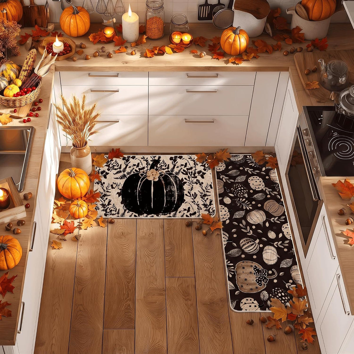 Pumpkin Fall Kitchen Mat Set – Cozy Autumn Floor Rugs